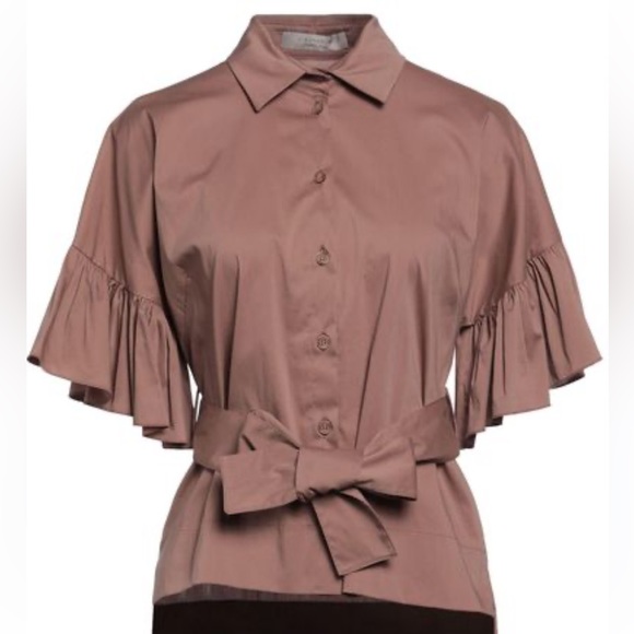 D. Exterior Made in Italy Black Ruffle Belted Poplin Top, Size Small - Picture 12 of 13